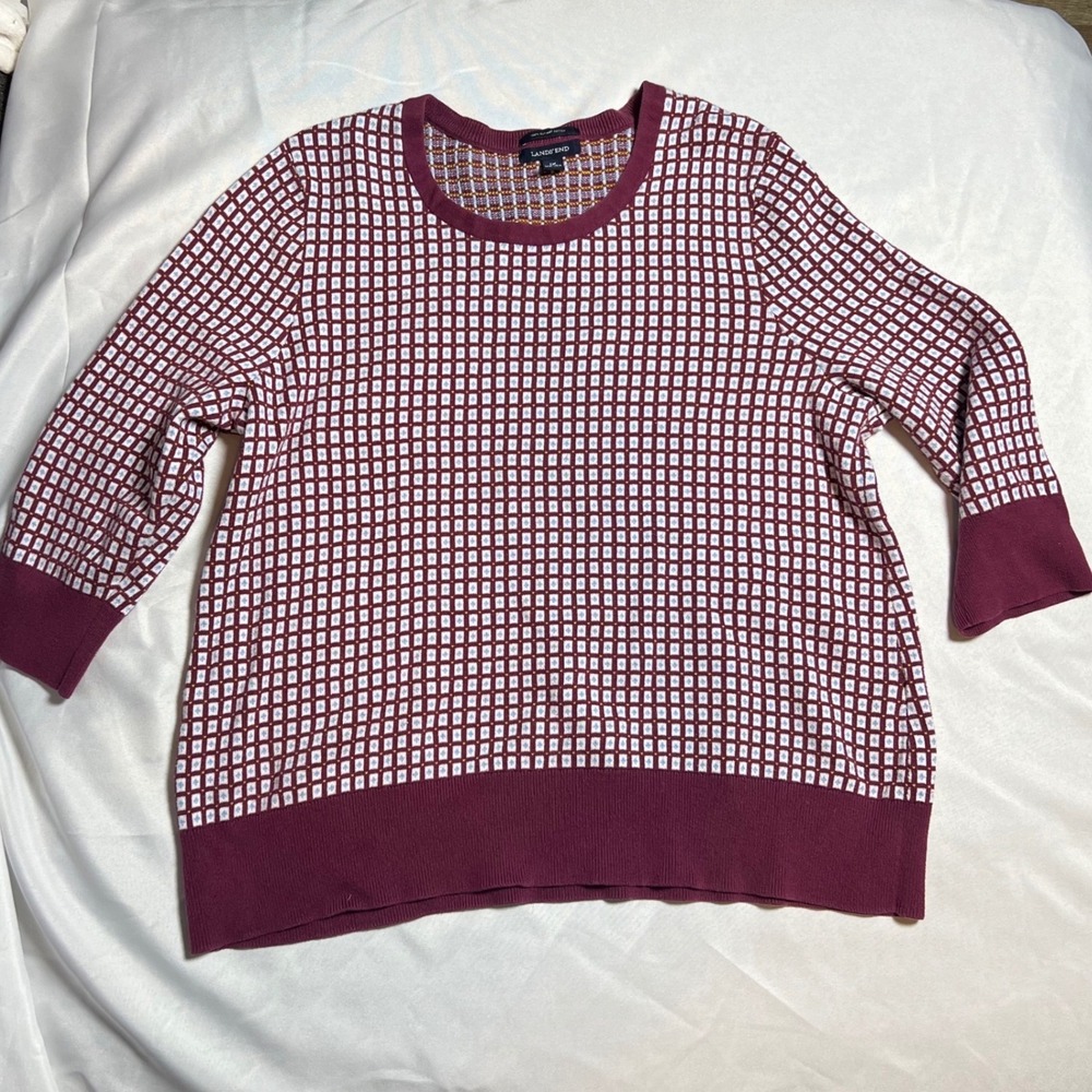 Lands End Burgundy‎ Supima Cotton Geometric Grid 3/4 Sleeve Sweater 1X 16W-18W